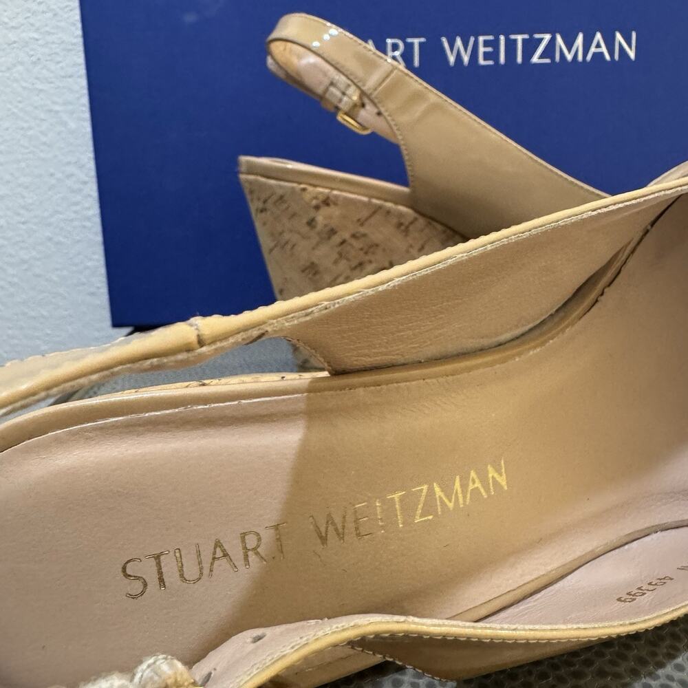 STUART WEITZMAN AUTH $399 Women Beige Patent Leather Jean Wedge Sandals Size 9 M - Picture 8 of 16